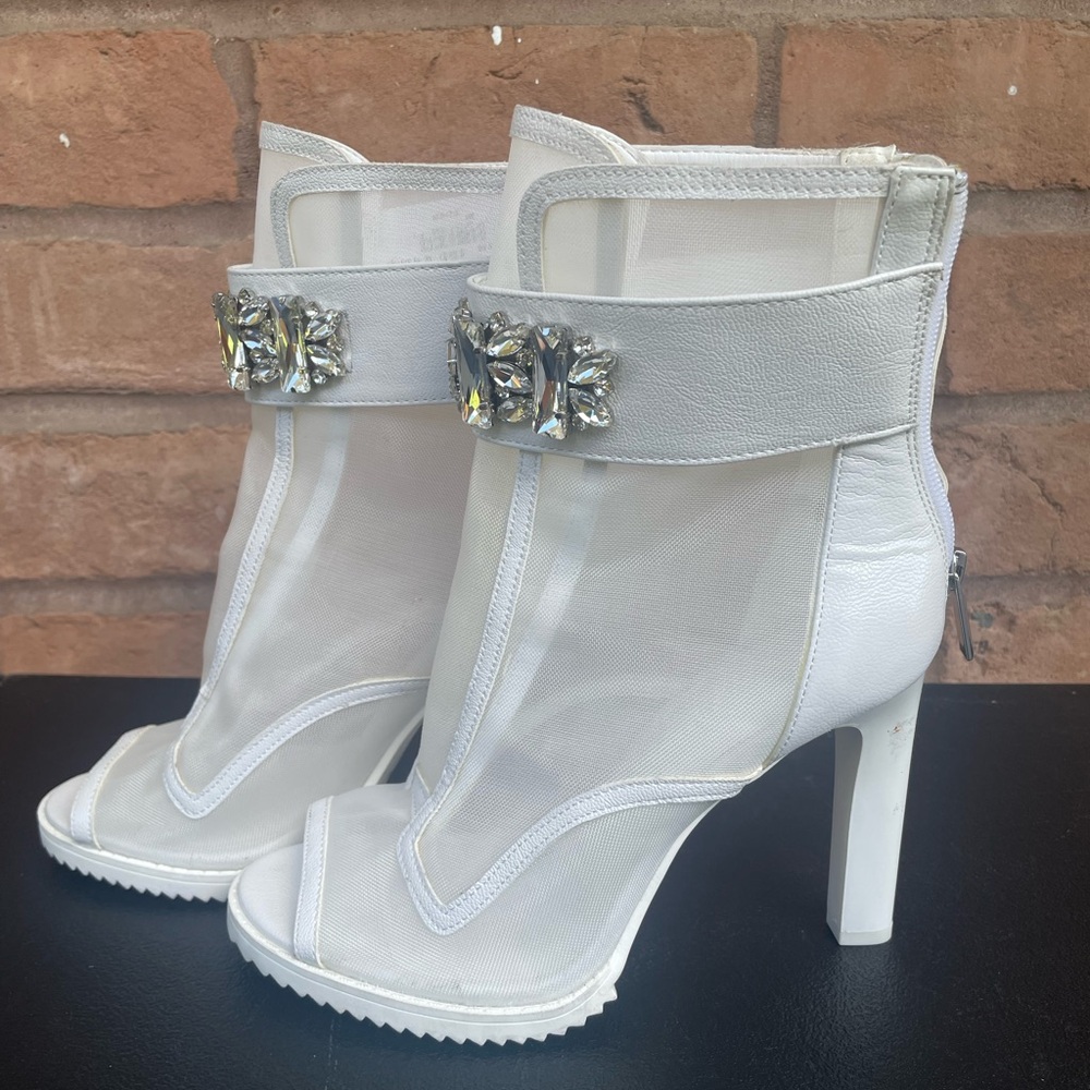 Karl Lagerfeld White Crystal-Embellished Peep-Toe Ankle Boots - Picture 4 of 8